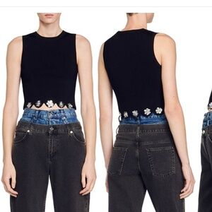 NWT Sandro Dalia Embellished Scallop Hem Crop Sweater Tank